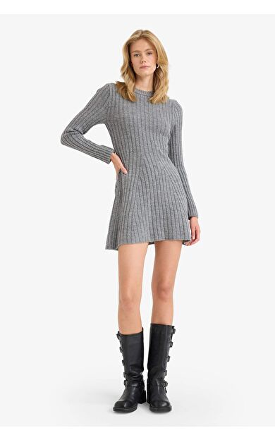 Bisiklet Yaka Ribana Uzun Kollu Mini Elbise