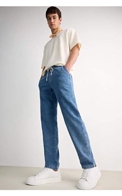 DeFacto Yazlık Wide Leg Geniş Kalıp Beli Lastikli Geniş Paça Jean Kar Yıkamalı Pantolon F3906AX25SMNM28