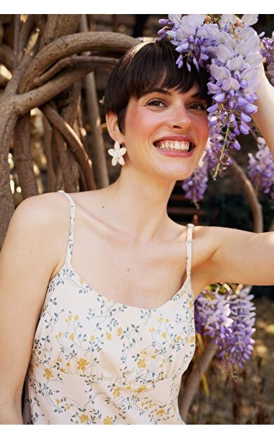 DeFacto Çiçekli Keten Karışımlı Askılı Midi Elbise