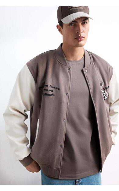 Oversize Geniş Kalıp Kolej Yaka Bomber Çıtçıtlı Süet Mont