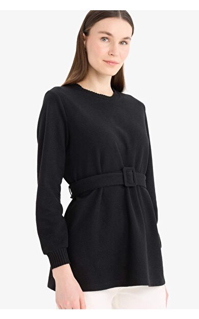 Regular Fit Bisiklet Yaka İçi Yumuşak Tüylü Selanik Kumaş Uzun Kollu Tunik