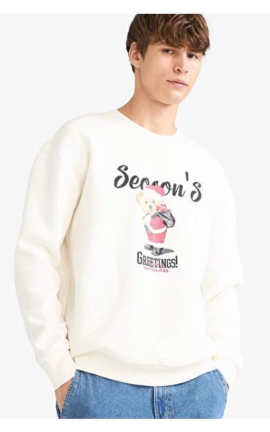 Boxy Fit Bisiklet Yaka Baskılı Sweatshirt