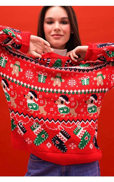 Yılbaşı Temalı Regular Fit Bisiklet Yaka Kazak