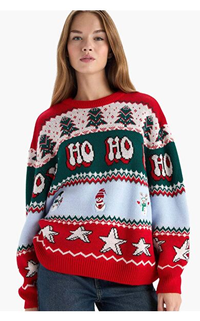 Yılbaşı Temalı Regular Fit Bisiklet Yaka Kazak