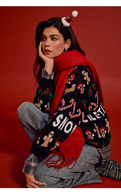 Yılbaşı Temalı Regular Fit Bisiklet Yaka Triko Kazak