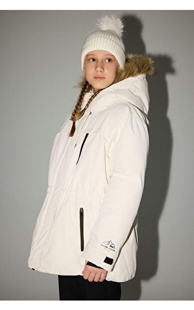 Kız Çocuk Çıkarılabilir Suni Kürk Yaka Kapüşonlu Polar Astarlı Mont