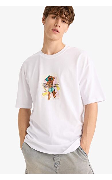 DeFacto Boxy Fit Bisiklet Yaka Baskılı Kısa Kollu Tişört F4534AX25HSWT34