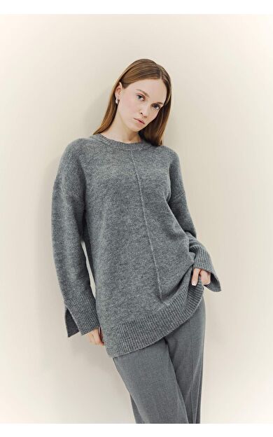 Yün Karışımlı Loose Fit Bisiklet Yaka Triko Kazak Tunik