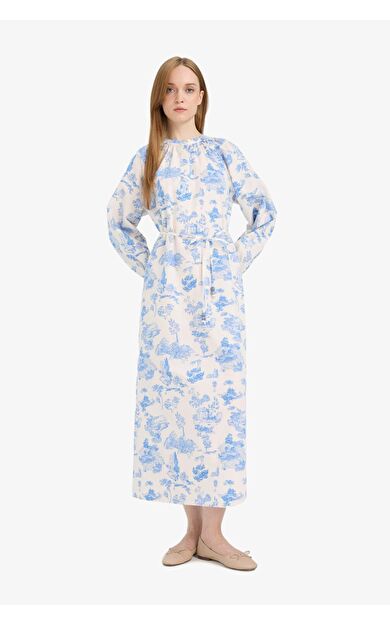 Relax Fit Bisiklet Yaka Çiçekli Poplin Bağcıklı Uzun Kollu Maxi Elbise