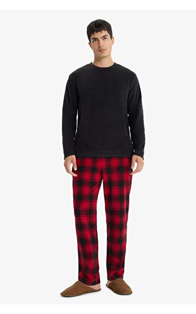 DeFacto Pijama Takımı Regular Fit Polar Uzun Kollu Üst Ekose Desenli Uzun Alt F4561AX25WNBK81