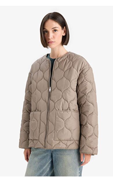 Su Geçirmez Regular Fit Bisiklet Yaka Fermuarlı Kapitoneli Mont