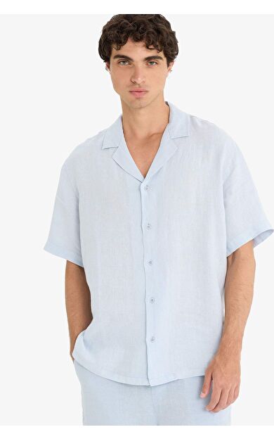 DeFacto %100 Keten Relax Fit Apaş Yaka Kısa Kollu Gömlek F4597AX25HSBE771