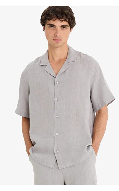 DeFacto %100 Keten Relax Fit Apaş Yaka Kısa Kollu Gömlek F4597AX25HSGR454