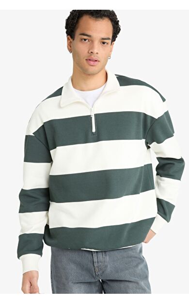 DeFacto Boxy Fit Dik Yaka Yarım Fermuarlı Çizgili Sweatshirt