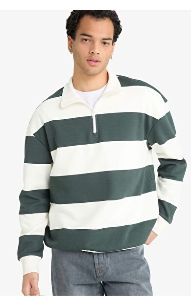 Boxy Fit Dik Yaka Yarım Fermuarlı Çizgili Sweatshirt