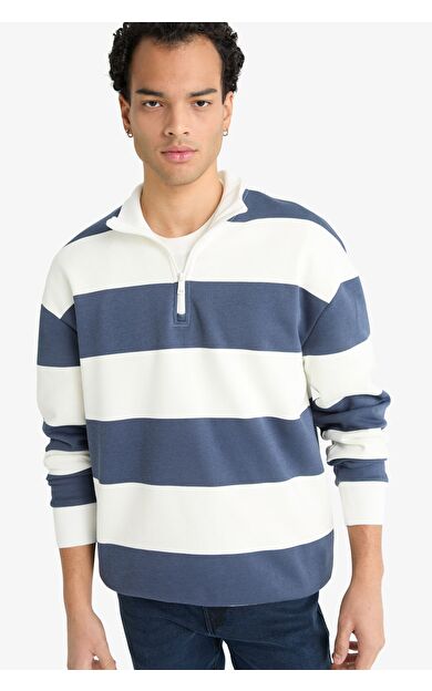 DeFacto Boxy Fit Dik Yaka Yarım Fermuarlı Çizgili Sweatshirt