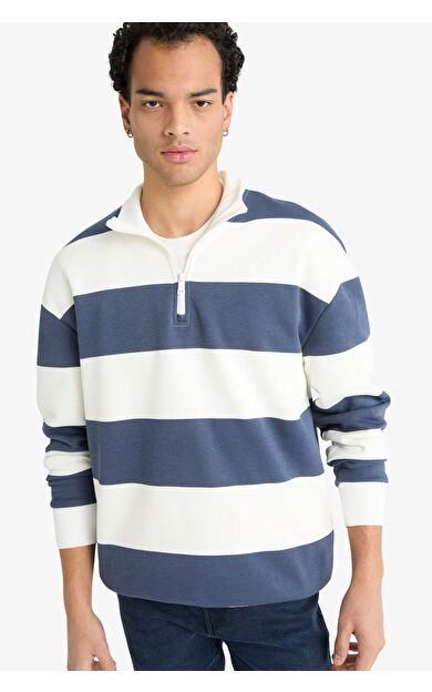 Boxy Fit Dik Yaka Yarım Fermuarlı Çizgili Sweatshirt