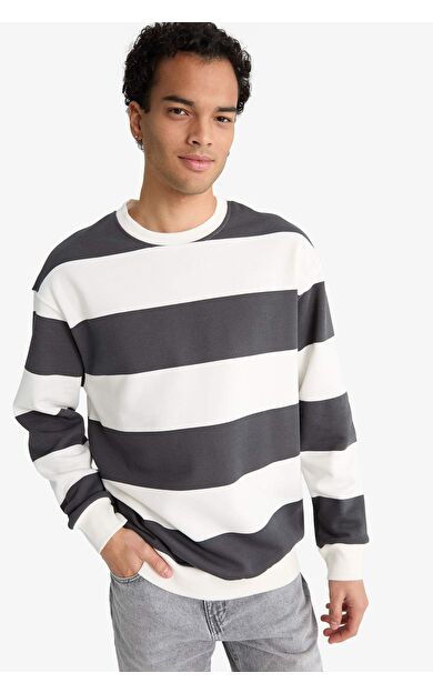 Boxy Fit Bisiklet Yaka Çizgili Sweatshirt