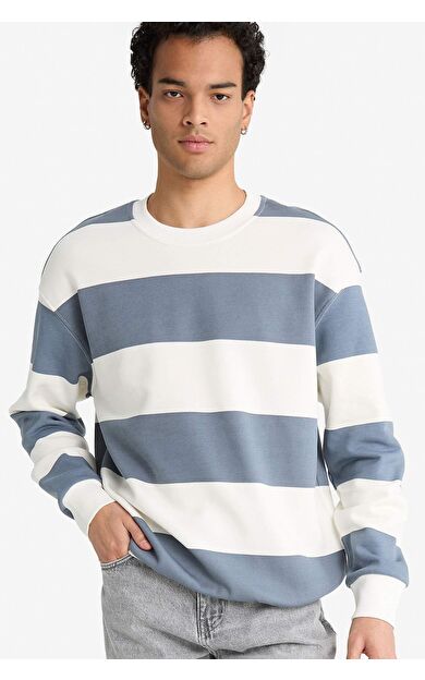 Boxy Fit Bisiklet Yaka Çizgili Sweatshirt
