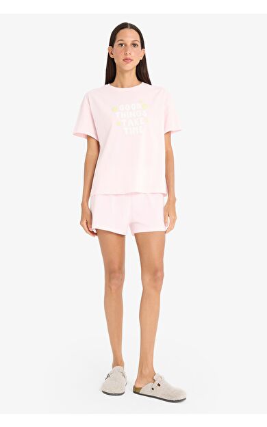 DeFacto Pijama Takımı Kısa Kollu Pijama Üstü Esnek Belli Şort Pijama Altı-Fall in Love