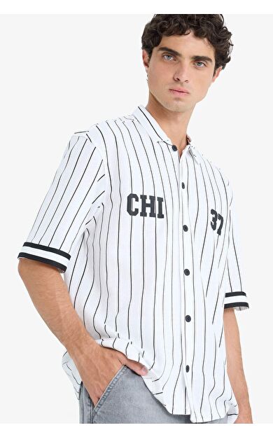 DeFacto Relax Fit Polo Yaka Baskılı Kısa Kollu Gömlek