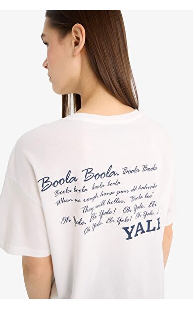 DeFacto Yale University Oversize Geniş Kalıp Bisiklet Yaka Baskılı Kısa Kollu Tişört