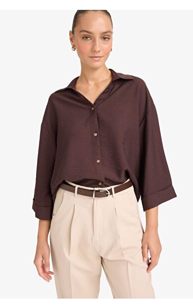 Overshirt Fit Kaçık Yaka Uzun Kollu Gömlek F4767AX25AUBN267