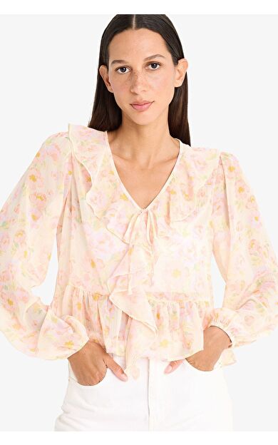 DeFacto Regular Fit Floral Şifon Uzun Kollu Bluz