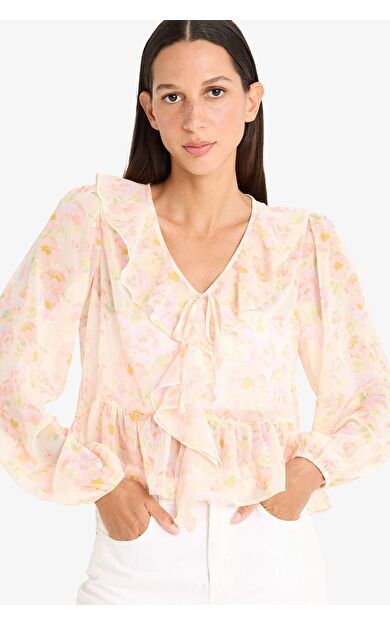 Regular Fit Floral Şifon Uzun Kollu Bluz