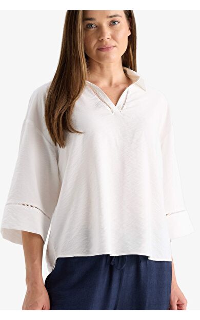 Relax Fit Gömlek Yaka Uzun Kollu Bluz