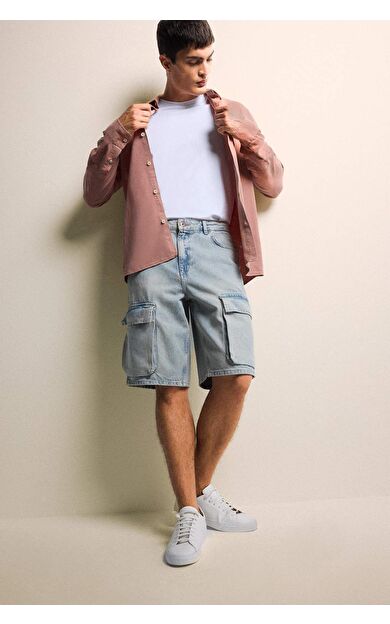 DeFacto %100 Pamuk Baggy Fit Kargo Cepli Jean Bermuda Şort