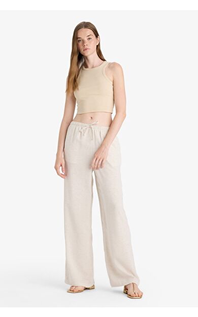 DeFacto Wide Leg Cepli Yüksek Bel Standart Boy Keten Karışımlı Pantolon F5024AX25AUBG155