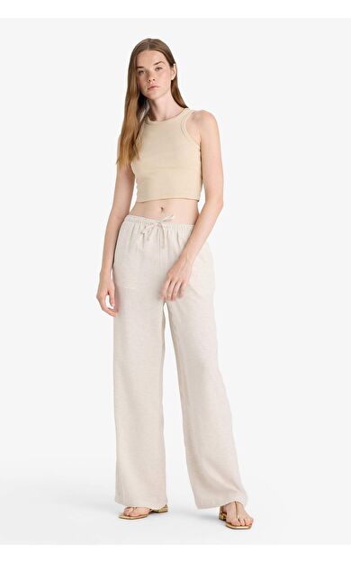 DeFacto Wide Leg Cepli Yüksek Bel Standart Boy Keten Karışımlı Pantolon F5024AX25AUBG155