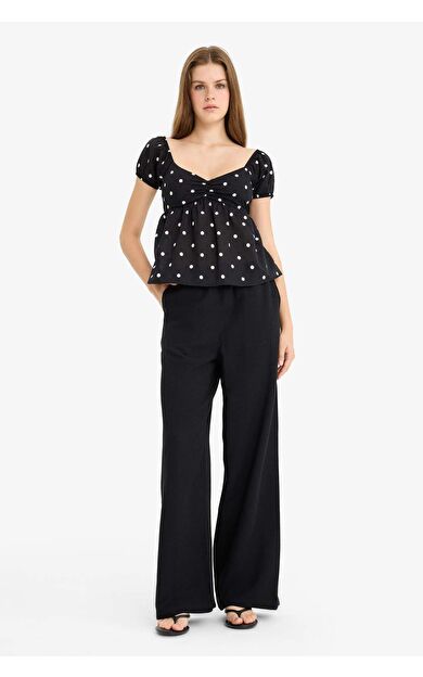 DeFacto Wide Leg Cepli Yüksek Bel Standart Boy Keten Karışımlı Pantolon F5024AX25AUBK27