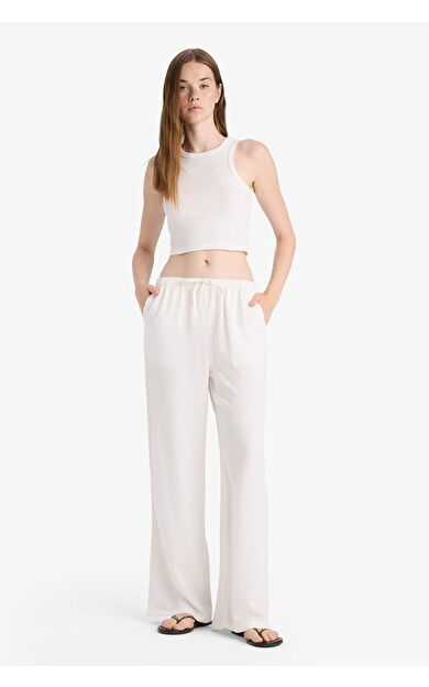 DeFacto Wide Leg Cepli Yüksek Bel Standart Boy Keten Karışımlı Pantolon F5024AX25AUWT32