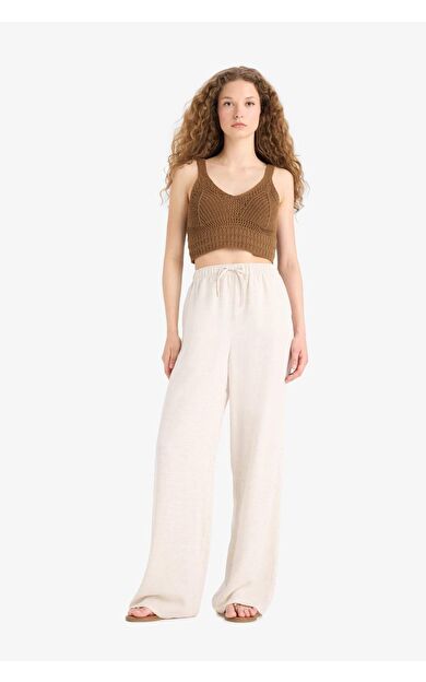DeFacto Wide Leg Cepli Yüksek Bel Standart Boy Keten Karışımlı Pantolon F5024AX25SPBG155