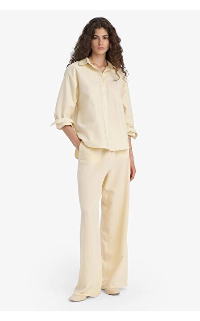 DeFacto Wide Leg Cepli Yüksek Bel Standart Boy Keten Karışımlı Pantolon F5024AX25SPBG357