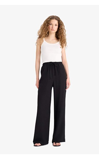 DeFacto Wide Leg Cepli Yüksek Bel Standart Boy Keten Karışımlı Pantolon F5024AX25SPBK27