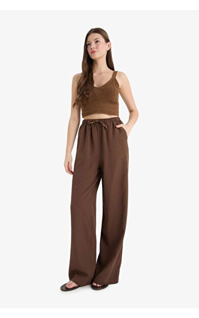 DeFacto Wide Leg Cepli Yüksek Bel Standart Boy Keten Karışımlı Pantolon F5024AX25SPBN528