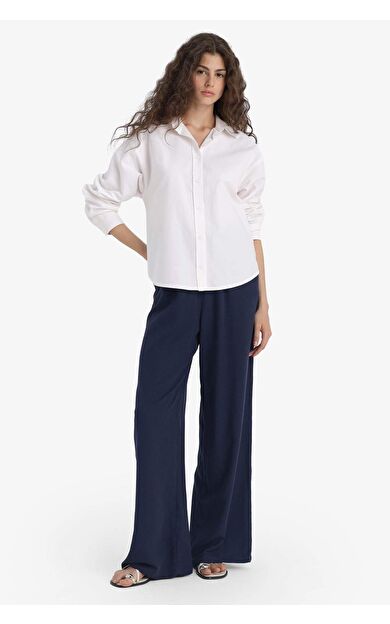 Wide Leg Cepli Yüksek Bel Standart Boy Keten Karışımlı Pantolon