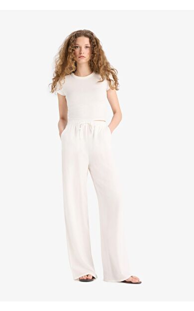 DeFacto Wide Leg Cepli Yüksek Bel Standart Boy Keten Karışımlı Pantolon F5024AX25SPWT32