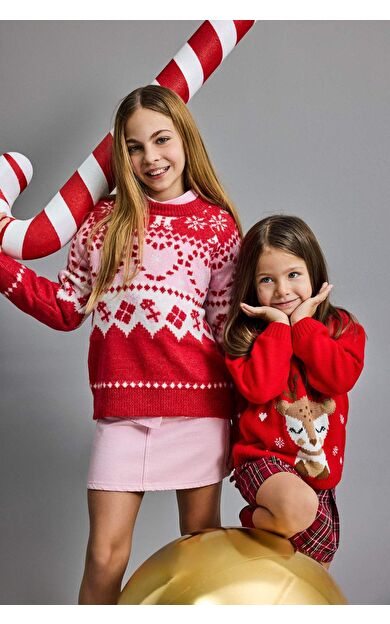 Kız Çocuk Yılbaşı Temalı Regular Fit Bisiklet Yaka Yeni Yıl Baskılı Kazak