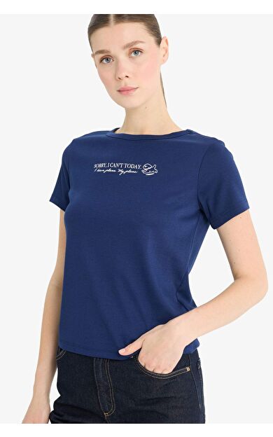 DeFacto Regular Fit Bisiklet Yaka Slogan Baskılı Ribana Kısa Kollu Tişört F5101AX25SMNV42