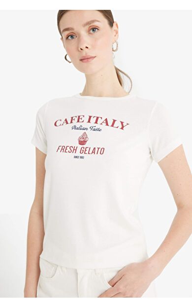 DeFacto Regular Fit Bisiklet Yaka Dondurma Baskılı Ribana Kısa Kollu Tişört