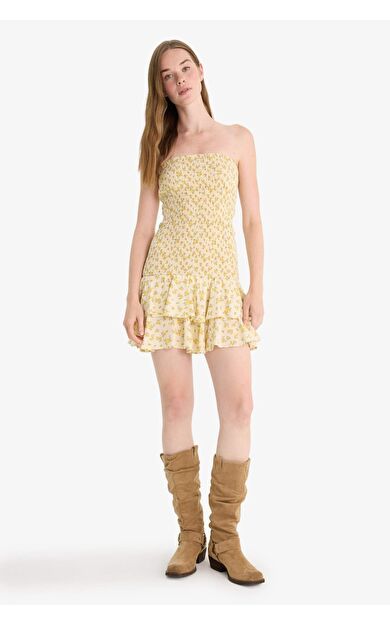 Straplez Floral Kolsuz Mini Elbise