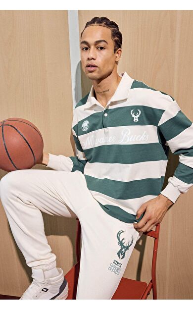 DeFactoFit NBA Milwaukee Bucks Boxy Fit Polo Yaka Sweatshirt Kumaşı Sweatshirt
