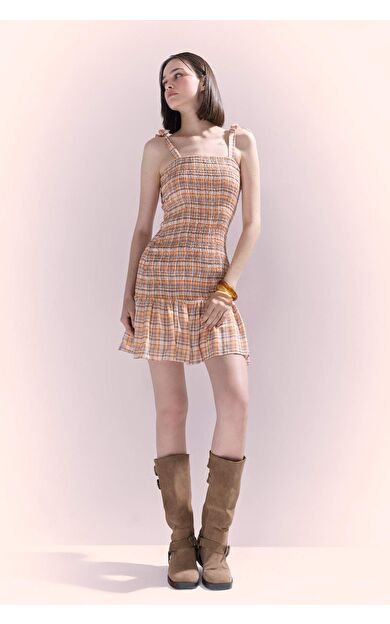 Coool Askılı Kareli Mini Elbise