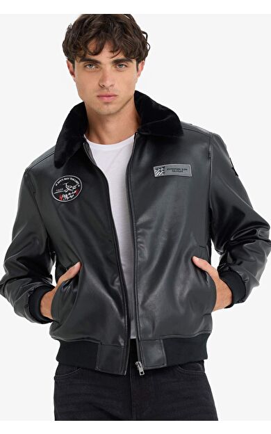 Regular Fit Peluş Yaka Triko Detaylı İç Cepli Mont