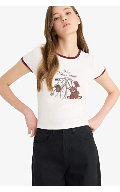 Coool Fitted Bisiklet Yaka Baskılı Ribana Kısa Kollu Tişört F5138AX25SMWT32