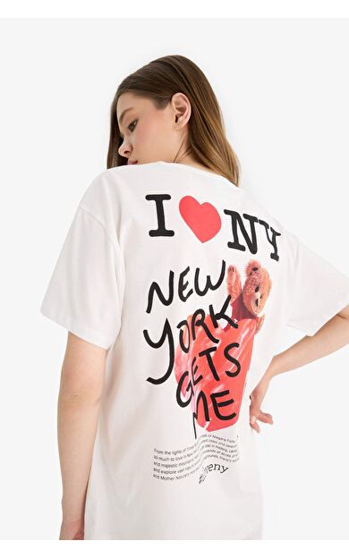 DeFacto Coool I Love NY Oversize Geniş Kalıp Bisiklet Yaka Sırt Baskılı Kısa Kollu Tişört
